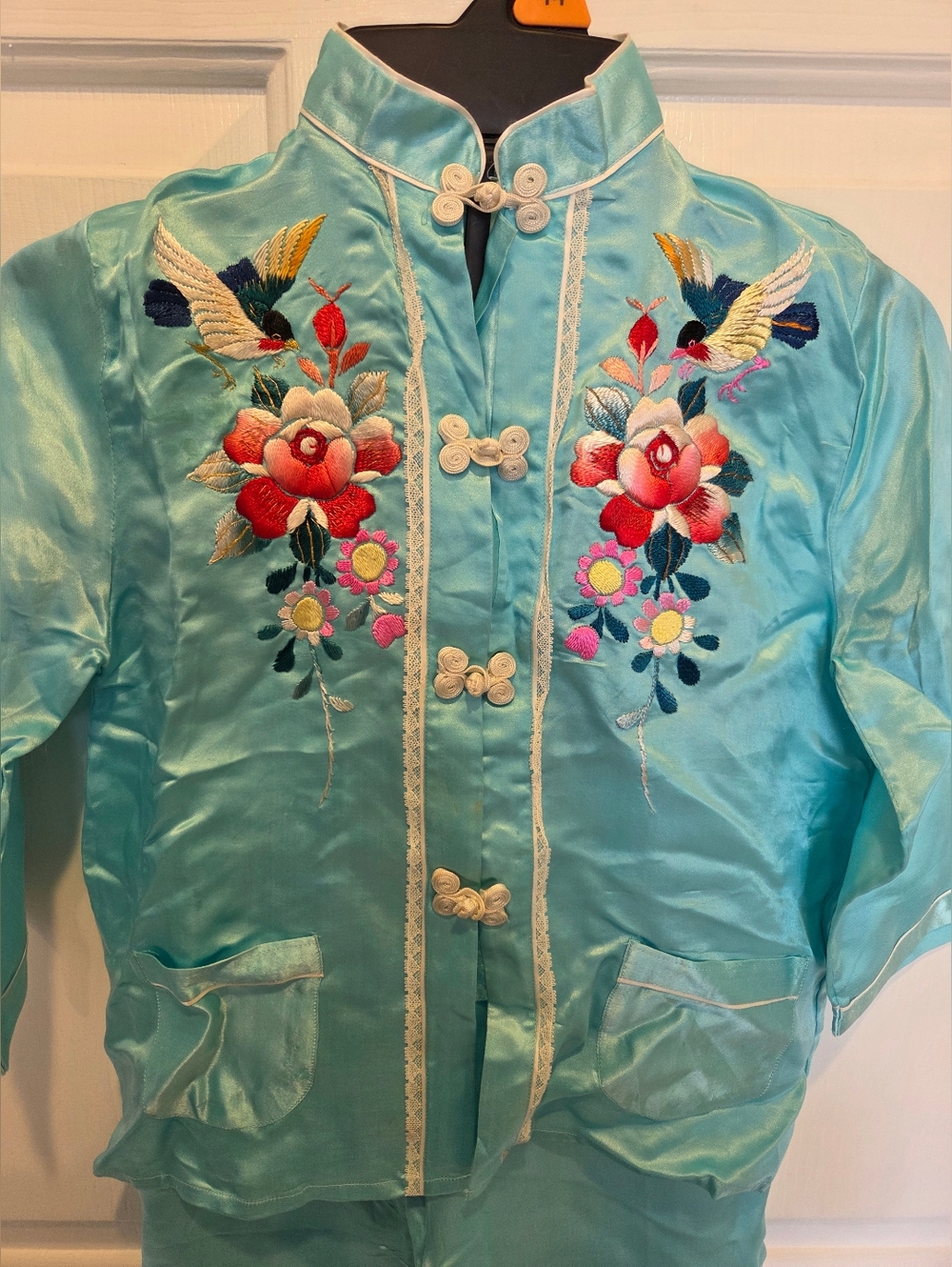 Vtg Oriental Silky Child's Embroidered PJ Ser Size Medium - Picture 2 of 16